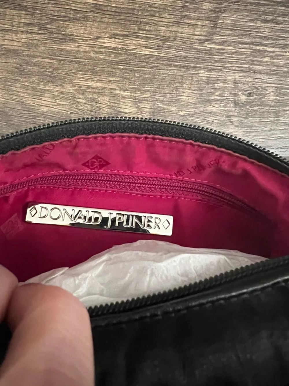 Donald J. Pliner Black Shoulder Bag with Silver-Tone Logo Charm like new